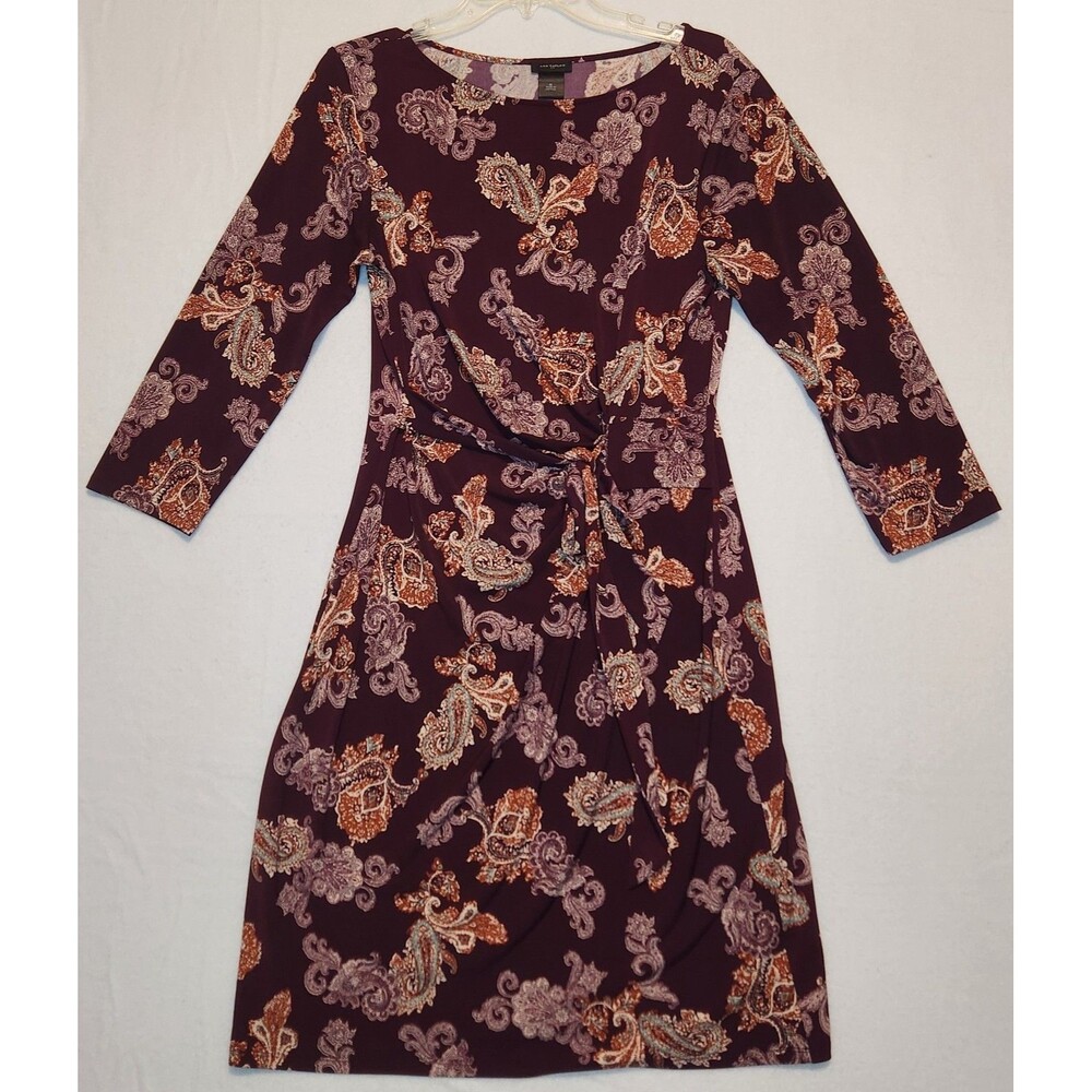 Ann Taylor Dress Paisley Faux Wrap Size Medium Burgundy Classic Office Career